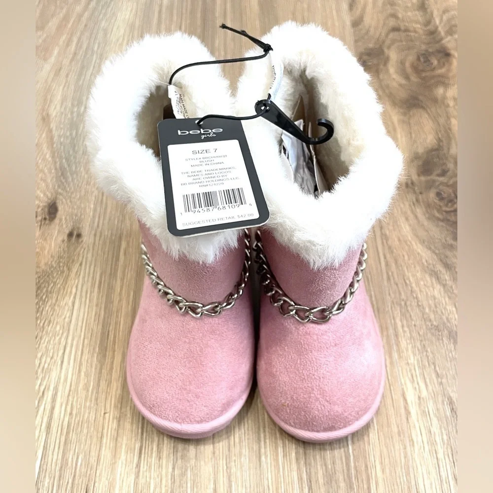 BEBE Toddler Girls Pink Faux Fur Chain Winter Boots Size 7 NWT